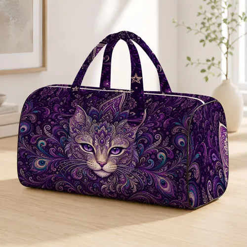 Mystical Purple Mandala Cat With Peacock Feather Flourishes For Boho Travel Style Quilted Weekend Bag