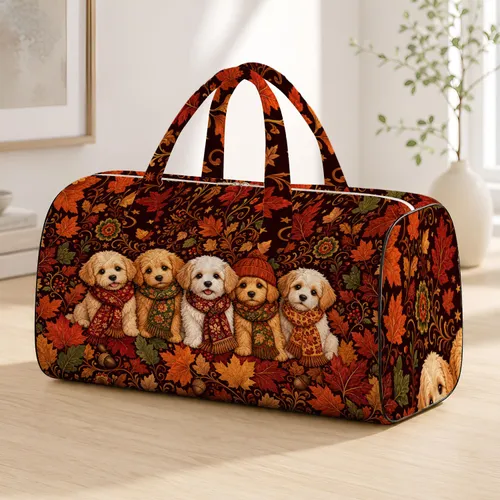 Cozy Autumn Puppies In Scarves With Maple Leaves For Fall Travel And Holiday Style Quilted Weekend Bag