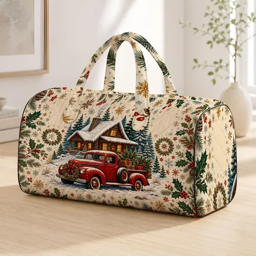 Retro Christmas Log Cabin And Red Pickup Truck Snowy Folk Art Holiday Travel Gift Quilted Weekend Bag