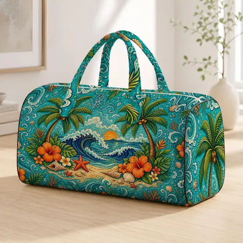 Tropical Palm Trees Ocean Wave Seashells Coastal Resort Vacation Style For Women Quilted Weekend Bag