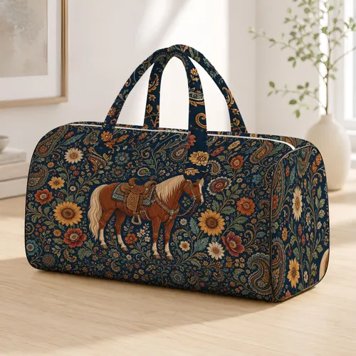 Western Horse Floral Prairie Ornament For Cowgirl Travel And Ranch Style Outings Quilted Weekend Bag