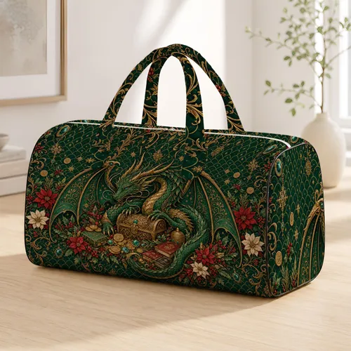 Emerald Dragon With Golden Treasure For Mythic Holiday Travel Style And Fantasy Fans Quilted Weekend Bag