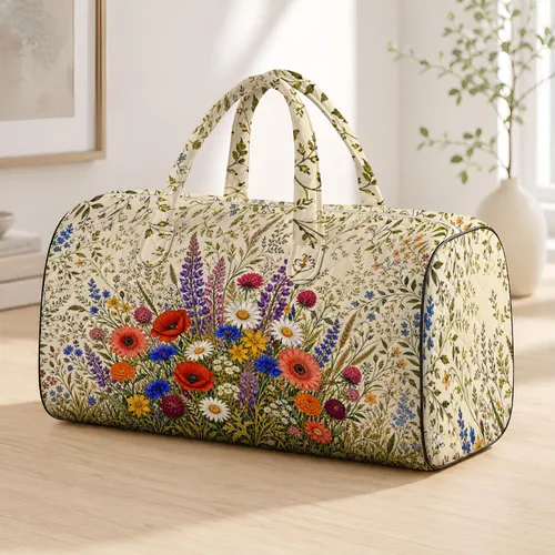 Wild Meadow Florals On Cream Rustic Boho Travel Style For Garden Lovers And Women Quilted Weekend Bag