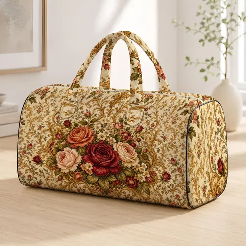 European Vintage Burgundy Rose Bouquet Damask Scrolls For Romantic Holiday Style Quilted Weekend Bag