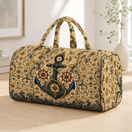 Navy Anchor Ship Wheel Compass Nautical Damask For Coastal Travel And Sailor Style Quilted Weekend Bag