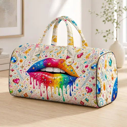 Rainbow Melting Lips With Gems And Stars For Glam Pop Art Vacation Fashion Style Quilted Weekend Bag