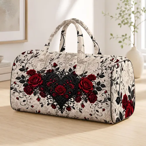 Romantic Gothic Black Heart With Crimson Roses For Dramatic Travel And Date Nights Quilted Weekend Bag
