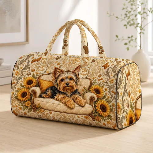 Spiky Yorkshire Terrier On Cream Armchair With Sunflowers For Patriotic Travel Fans Quilted Weekend Bag
