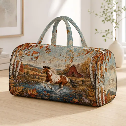 Rustic Autumn Pinto Horse Creek Barn Scene For Country Travel And Harvest Lovers Quilted Weekend Bag