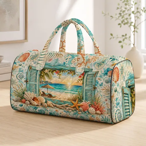 Turquoise Coastal Window With Shells And Ocean View For Breezy Beach Vacation Getaways Quilted Weekend Bag