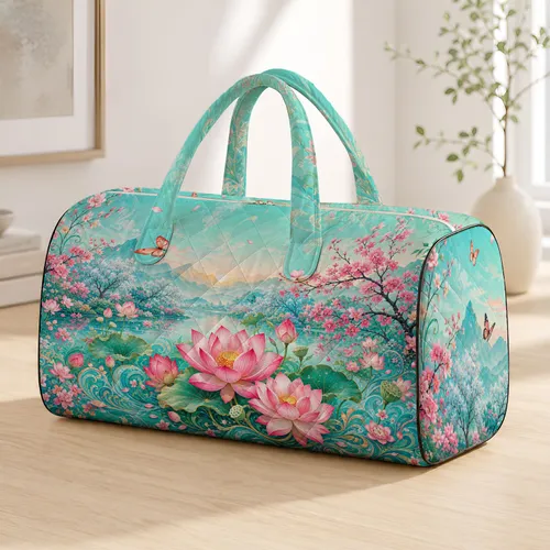 Pink Lotus Cherry Blossom Garden With Aqua Pond For Spring Travel And Yoga Retreats Quilted Weekend Bag