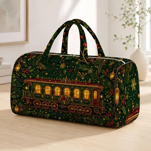 Vintage Holiday Train With Golden Windows For Christmas Travel And Cozy Winter Gifts Quilted Weekend Bag