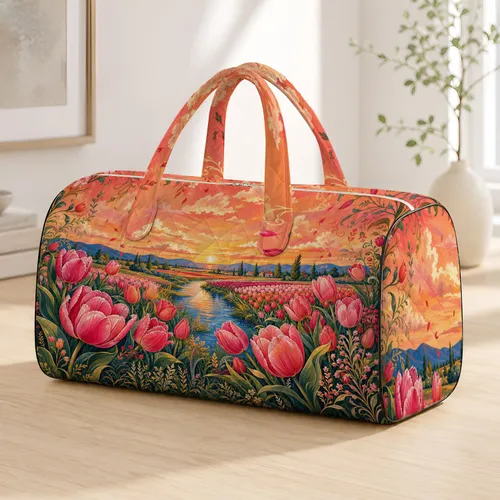 Romantic Pink Tulip Countryside Sunset Floral Scene For Spring Travel Gift Ideas Quilted Weekend Bag