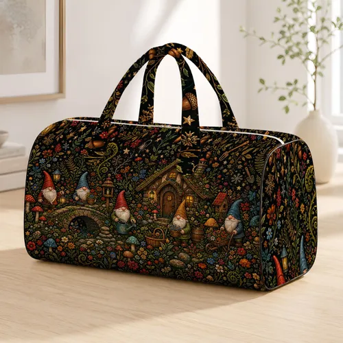 Enchanted Garden Gnome Village Folk Art For Woodland Getaways And Cozy Travelers Quilted Weekend Bag