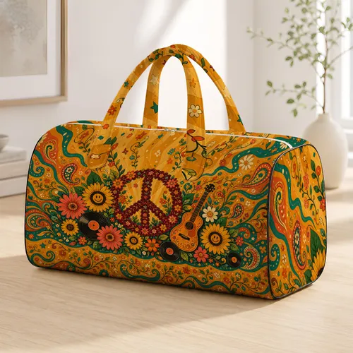Retro Hippie Peace Symbol With Sunflowers And Vinyl Records For Boho Travel Lovers Quilted Weekend Bag