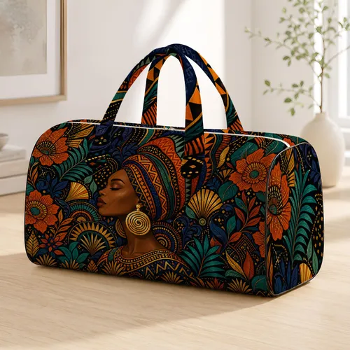 Regal Afrocentric Queen With Headwrap For Luxe Travel Style And Boho Getaway Looks Quilted Weekend Bag
