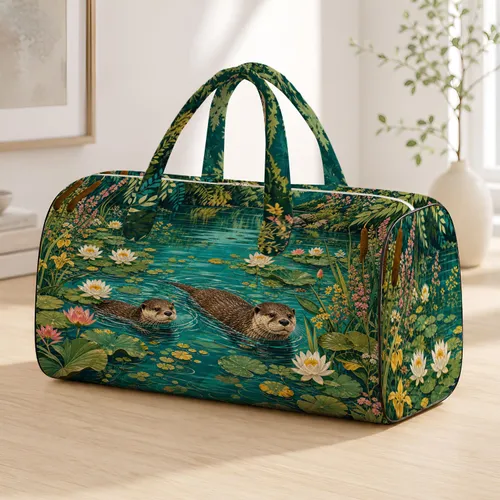 River Otters In Turquoise Lily Pond For Nature Travel And Lake Getaways Wildlife Lovers Quilted Weekend Bag