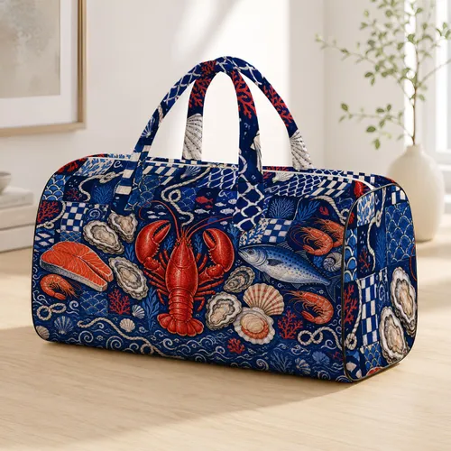 Navy Lobster Seafood Market Coastal Nautical Travel Style For Shellfish Lovers Gift Quilted Weekend Bag