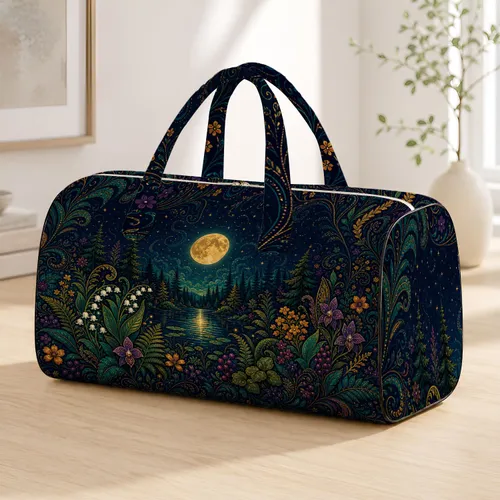 Enchanted Moonlit Forest Lake With Boho Botanicals For Travel And Camping Escapes Quilted Weekend Bag