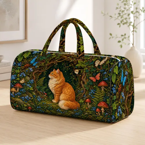Enchanted Woodland Ginger Cat With Fireflies And Mushrooms For Forestcore Travel Quilted Weekend Bag