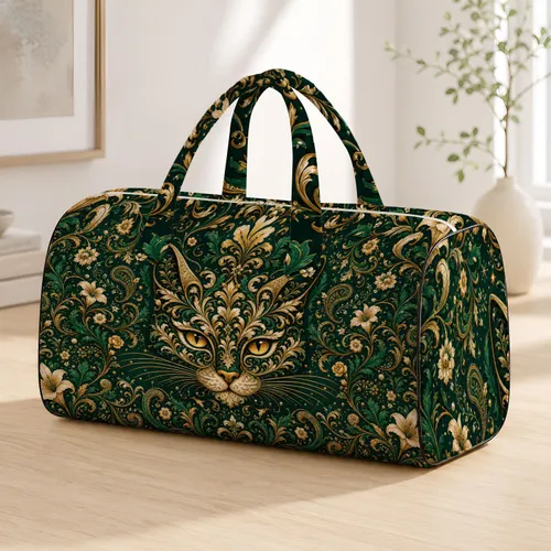 Emerald Baroque Cat Mask With Gold Florals For Luxe Travel And Daily Style For Women Quilted Weekend Bag