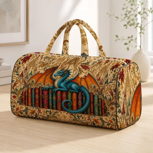 Turquoise Dragon On Antique Books Fantasy Reader Gift For Bookish Travel Style Lovers Quilted Weekend Bag