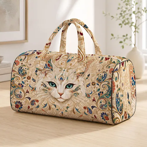 Ornamental White Cat Face With Blue Green Eyes For Travel Style And Cat Lovers Gift Quilted Weekend Bag
