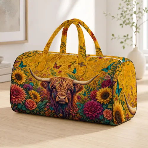 Colorful Highland Bull With Flowers And Butterflies For Travel Getaways And Daily Errands Quilted Weekend Bag