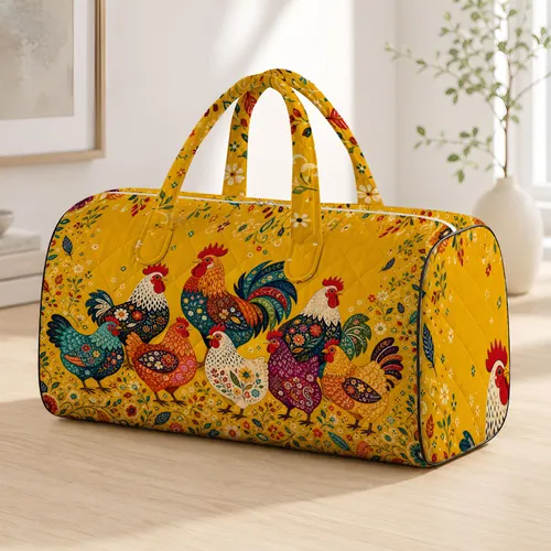 Colorful Folk Art Chickens And Roosters For Farmhouse Getaways And Market Days Style Quilted Weekend Bag