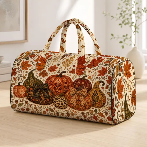 Autumn Pumpkin Harvest With Maple Leaves For Fall Markets And Cozy Harvest Escapes Quilted Weekend Bag