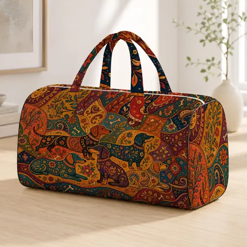 Multicolor Dachshund Patchwork Mosaic Folk Art Retro Travel Style For Dog Lovers Quilted Weekend Bag
