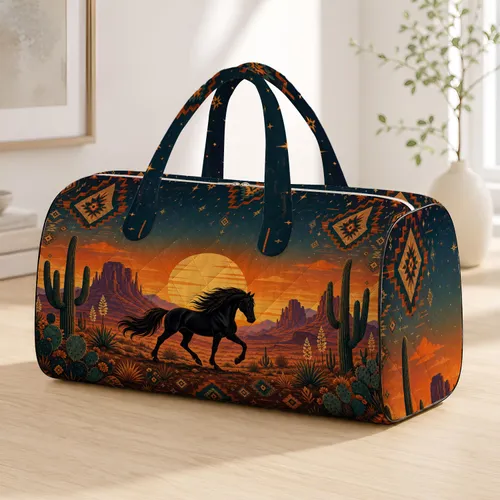 Black Horse Desert Sunset With Saguaro Cactus For Western Boho Travel Style Lovers Quilted Weekend Bag
