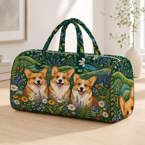 Cute Smiling Corgis In Wildflower Meadow For Cottagecore Travel Trips And Dog Lovers Quilted Weekend Bag