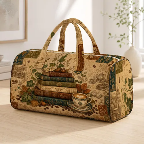 Vintage Books Coffee Cup Ivy Café Still Life For Literary Travel And Reader Gifts Quilted Weekend Bag