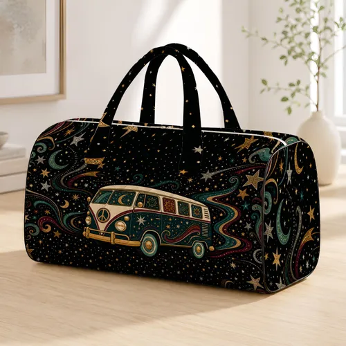 Retro 70s Microbus With Boho Celestial Stars For Groovy Road Trip Vacation Lovers Quilted Weekend Bag