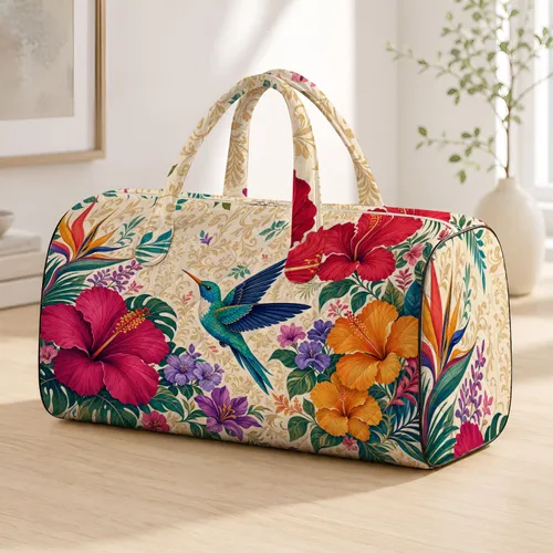 Turquoise Hummingbird Tropical Hibiscus Boho Resort Travel Style For Garden Lovers Quilted Weekend Bag