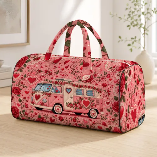 Pink Vintage Camper With Roses And Hearts For Romantic Road Trips And Valentine Gifts Quilted Weekend Bag