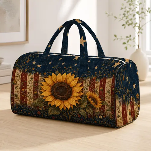 Rustic Americana Sunflower Stars And Stripes For Summer Country Garden Travel Women Quilted Weekend Bag
