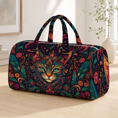Ornate Folk Art Cat With Botanical Vines For Colorful Travel Style And Cat Lovers Quilted Weekend Bag