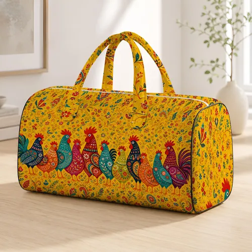 Whimsical Folk Chicken Flock In Cheerful Farmhouse Colors For Rural Market Outings Quilted Weekend Bag