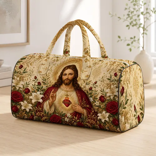 Sacred Heart Christ Garden With Lilies And Roses For Faith Filled Travel Gifts For Women Quilted Weekend Bag
