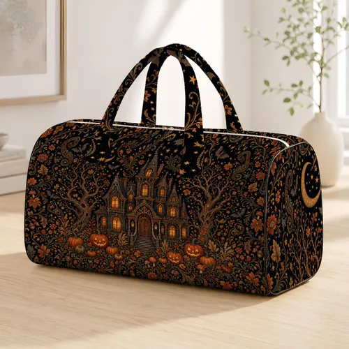 Haunted Victorian Manor With Pumpkins And Bats For Gothic Autumn Travel Gifts For Her Quilted Weekend Bag