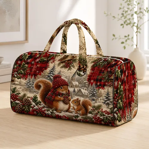 Vintage Christmas Squirrels In Snowy Woodland Plaid Holiday Village Style For Women Quilted Weekend Bag