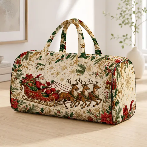 Vintage Santa Sleigh With Reindeer On Cream Christmas Florals For Holiday Travel Quilted Weekend Bag