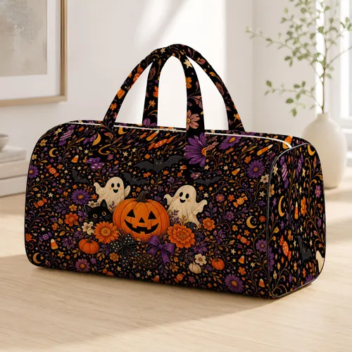 Vintage Folk Halloween Pumpkin Ghost Cat Collage For Spooky Fall Travel Lovers And Parties Quilted Weekend Bag