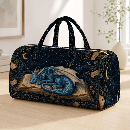 Sleeping Sapphire Dragon On Antique Storybook For Fantasy Readers And Cozy Escapes Quilted Weekend Bag