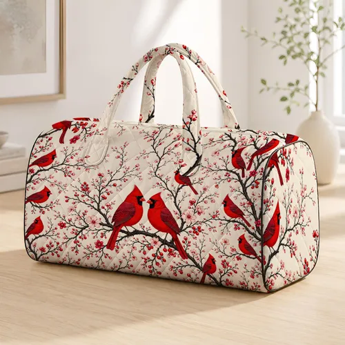 Red Cardinal Birds With Cherry Blossoms Winter Botanical Garden Gift For Bird Lovers Quilted Weekend Bag
