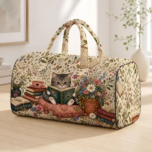 Gray Tabby Cat Reading Teal Storybook With Flowers For Cottagecore Book Lovers Gift Quilted Weekend Bag