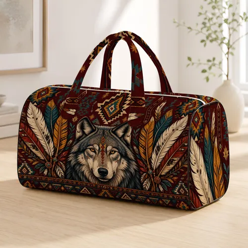 Southwest Gray Wolf With Feathers Western Heritage Travel Style For Boho Explorers Quilted Weekend Bag