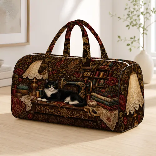Vintage Tuxedo Cat On Antique Sewing Machine For Quilters And Craft Retreat Gifts Quilted Weekend Bag